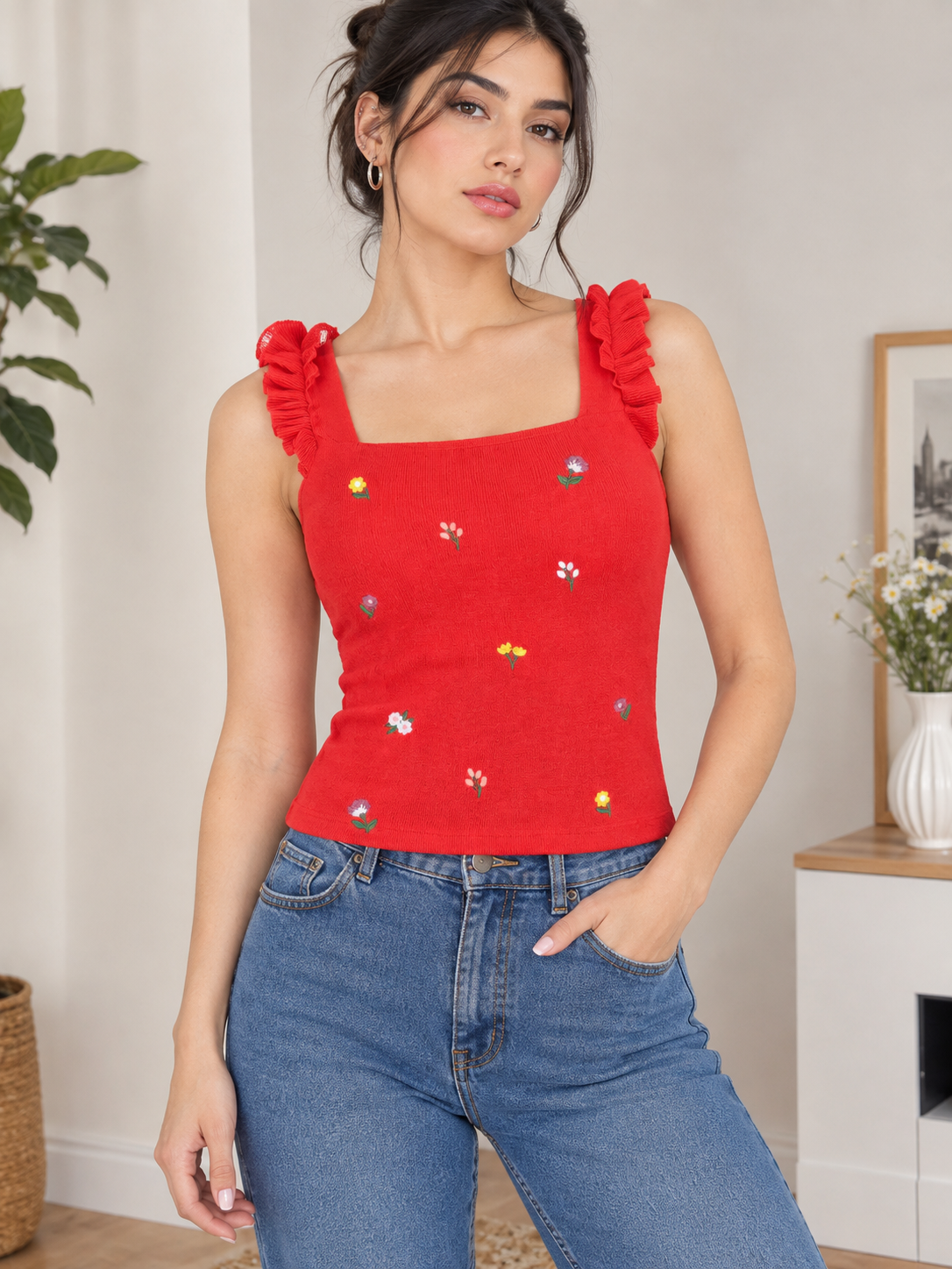 کراپ تاپ سر شانه چین دار گلدوزی